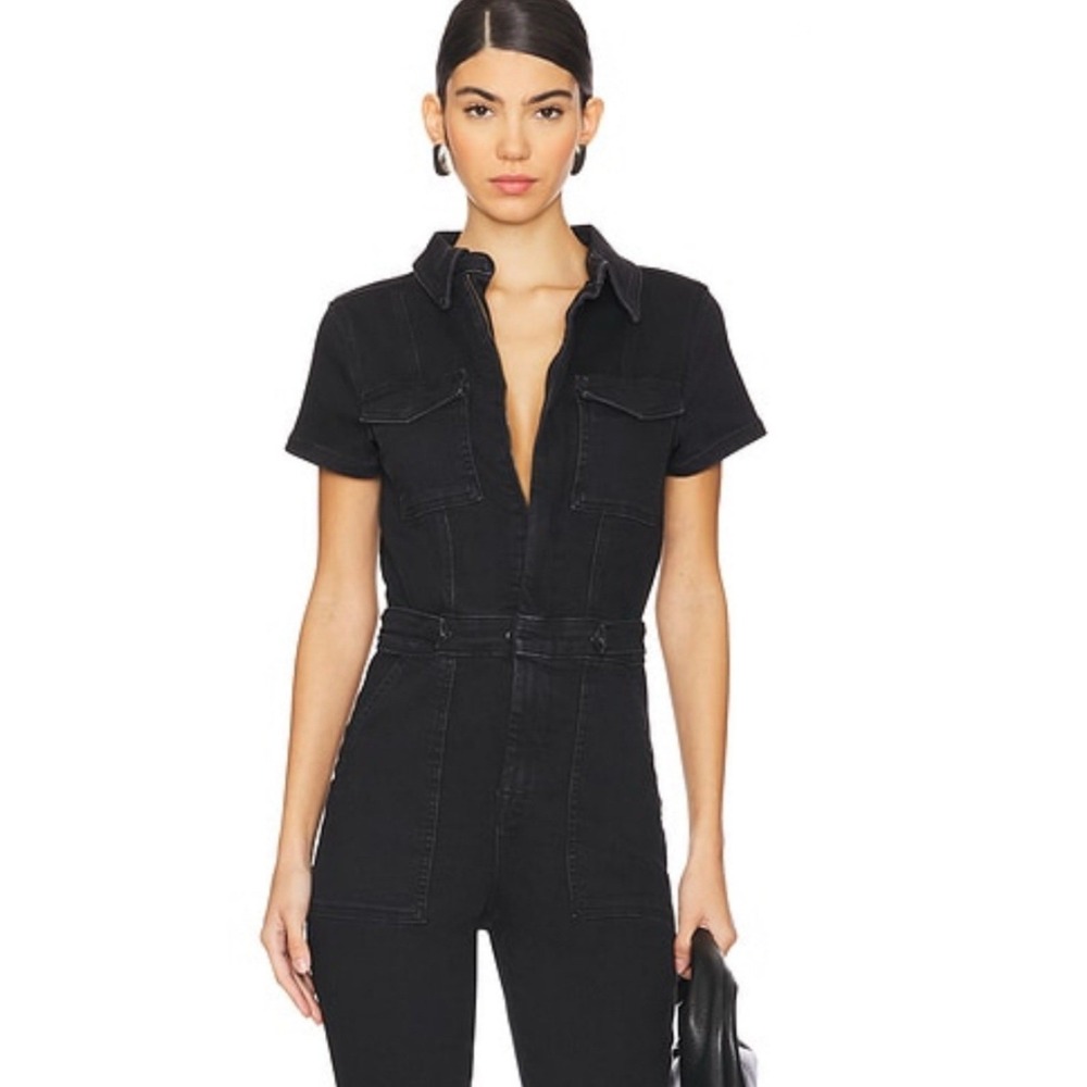 GOOD AMERICAN Black Denim Short Sleeve Belted‎ Utility Jumpsuit Size 2
